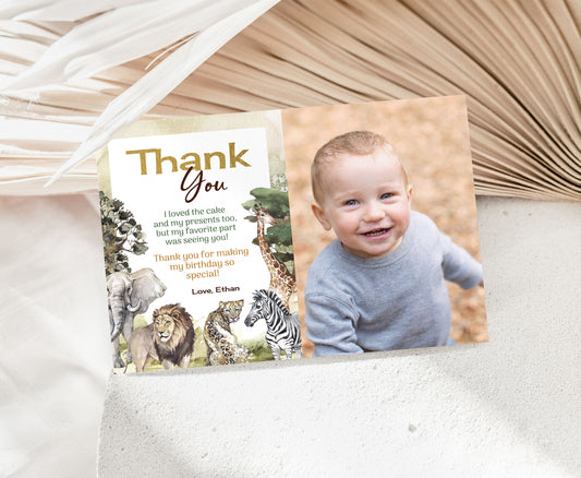 Safari Photo Thank You Card | Editable Jungle Birthday Thank You Note - 35I