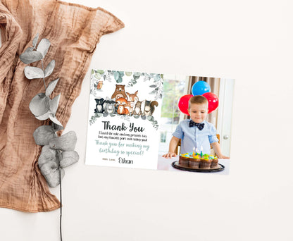 Greenery Woodland Photo Thank You Card | Editable Forest Birthday Thank You Note - 47J1
