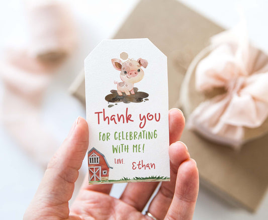 Editable Pig Favor Tags Boy | Farm birthday thank you tags - 11D