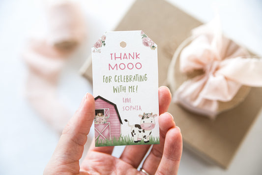 Cow Thank You Tags Girl | Floral Farm Birthday Party Printable - 11A