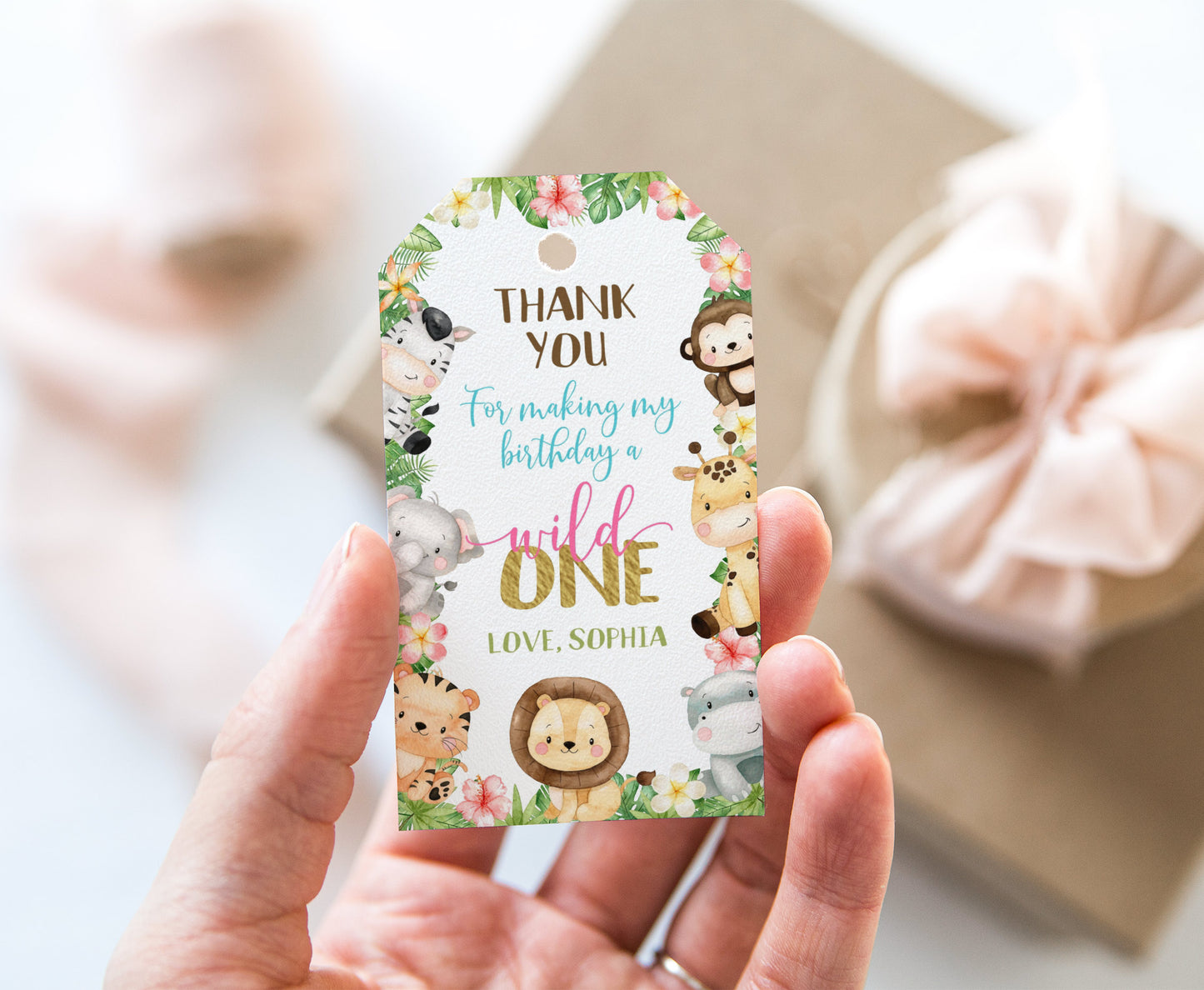 Girl Safari 1st Birthday Thank You Tags | Editable Jungle birthday party tags - 35E