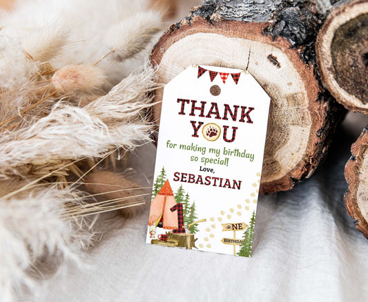 Editable Lumberjack Thank You Tags | Buffalo Plaid 1st Birthday Party Favor Tags - 19A