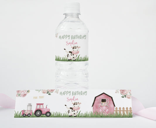 Editable Cow Water Bottle Label | Farm Girl Birthday Decorations - 11A