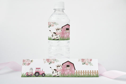 Floral Cow Water Bottle Labels | Girl Farm Themed Party Decorations - 11A