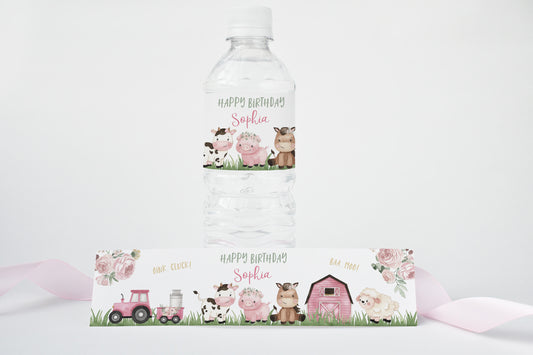 Editable Farm Water Bottle Label Girl | Pink Barnyard Birthday Decorations - 11A