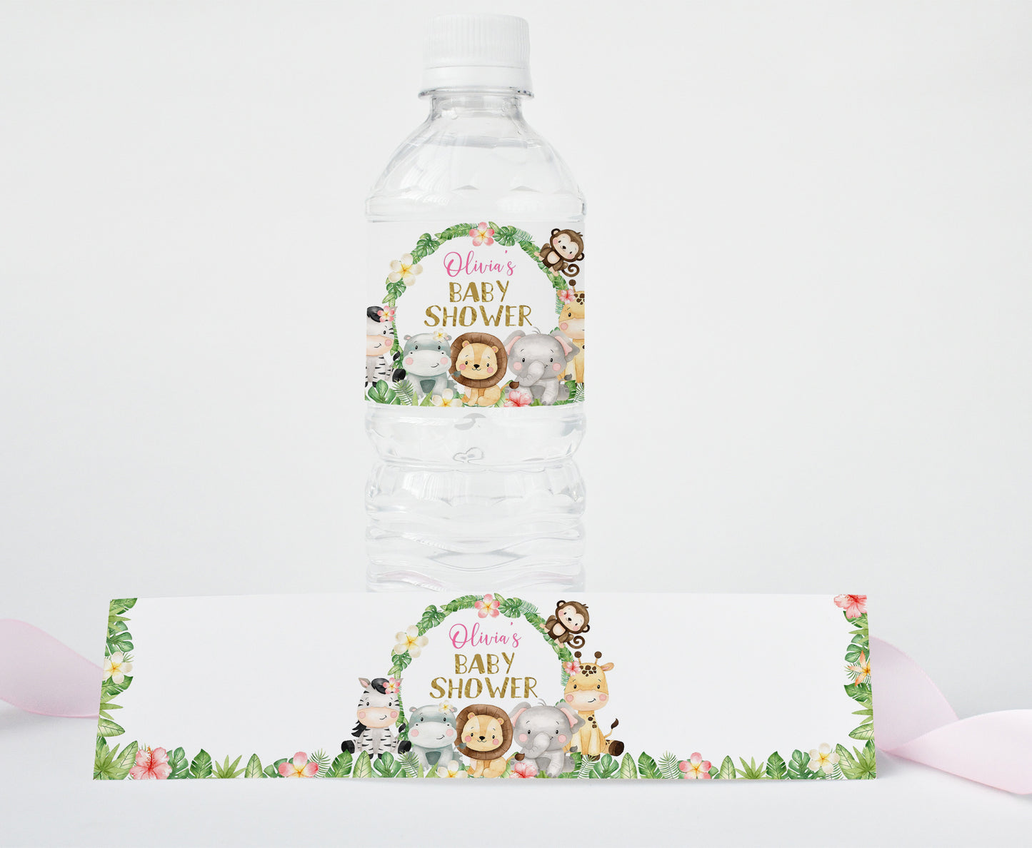 Girl Safari Water Bottle Labels | Editable Jungle Girl Baby Shower Decorations - 35E