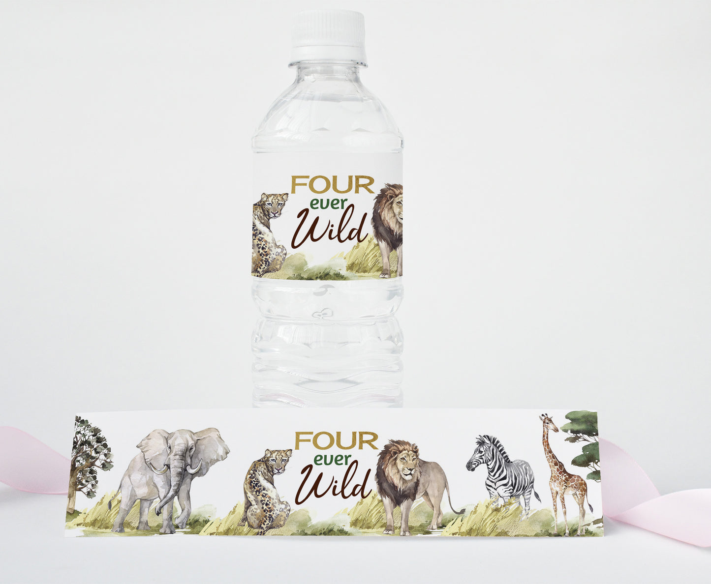 Four ever wild Safari Water Bottle Labels | Safari 4th Birthday Party Decorations - 35I