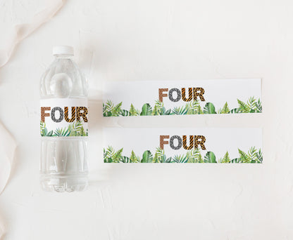 Four Safari Water Bottle Labels Animal Print | Jungle 4th Birthday Party Decorations - 35H