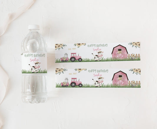 Editable Sunflower Cow Water Bottle Label | Farm Girl Birthday Decorations - 11G