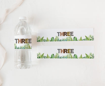 Three Safari Water Bottle Labels Animal Print | Jungle 3rd Birthday Party Decorations - 35H