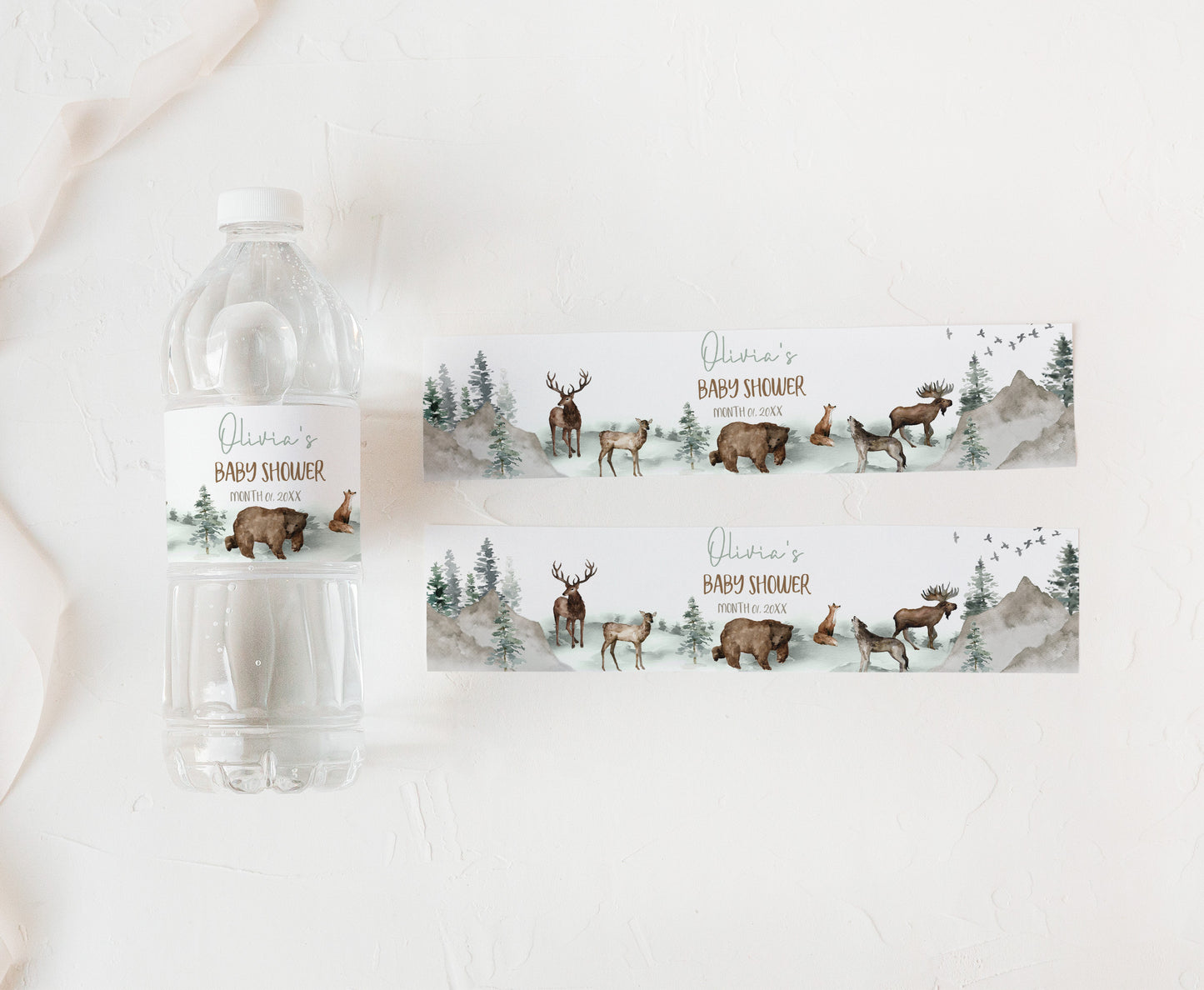 Editable Woodland Water Bottle Labels | Forest Baby Shower Decorations - 47H