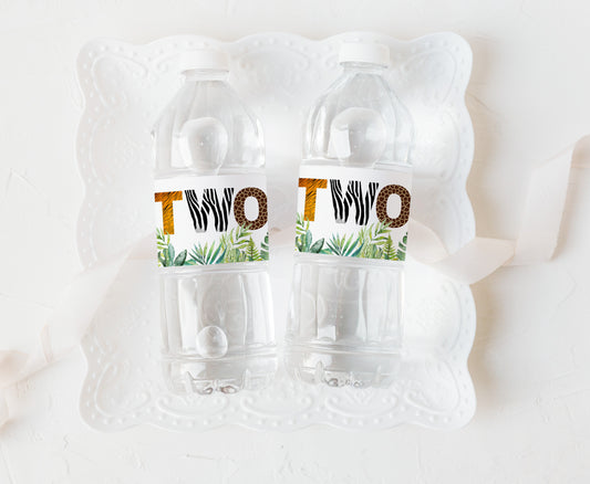 TWO Safari Water Bottle Labels Animal Print | Jungle 2nd Birthday Party Decorations - 35H