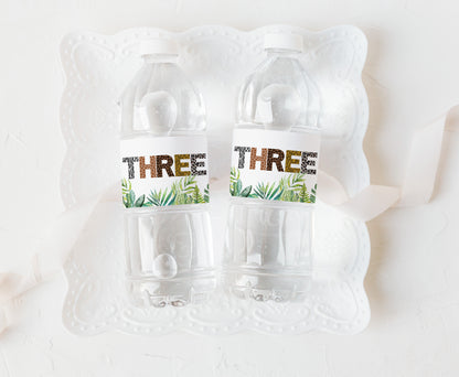 Three Safari Water Bottle Labels Animal Print | Jungle 3rd Birthday Party Decorations - 35H