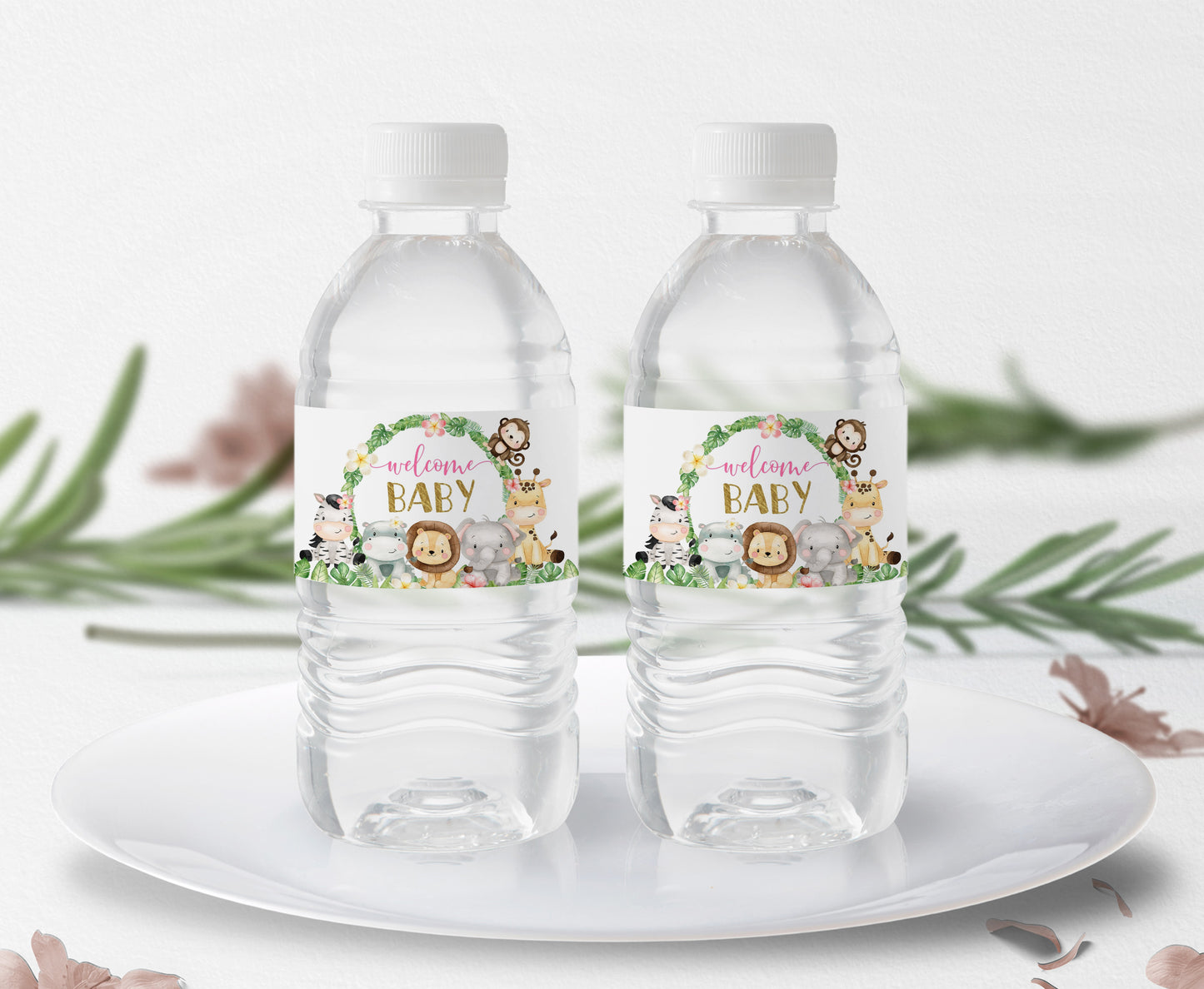 Welcome Baby Water Bottle Labels | Safari Girl Baby Shower Decorations - 35E