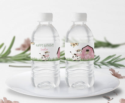 Editable Sunflower Cow Water Bottle Label | Farm Girl Birthday Decorations - 11G