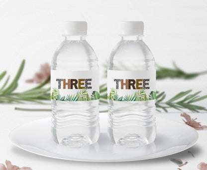 Three Safari Water Bottle Labels Animal Print | Jungle 3rd Birthday Party Decorations - 35H