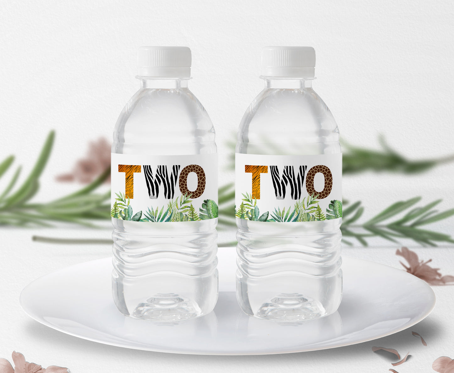 TWO Safari Water Bottle Labels Animal Print | Jungle 2nd Birthday Party Decorations - 35H