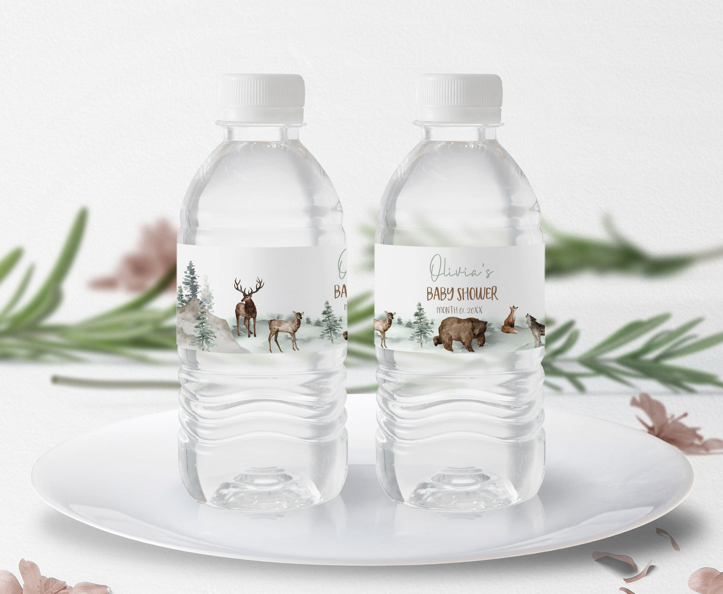 Editable Woodland Water Bottle Labels | Forest Baby Shower Decorations - 47H