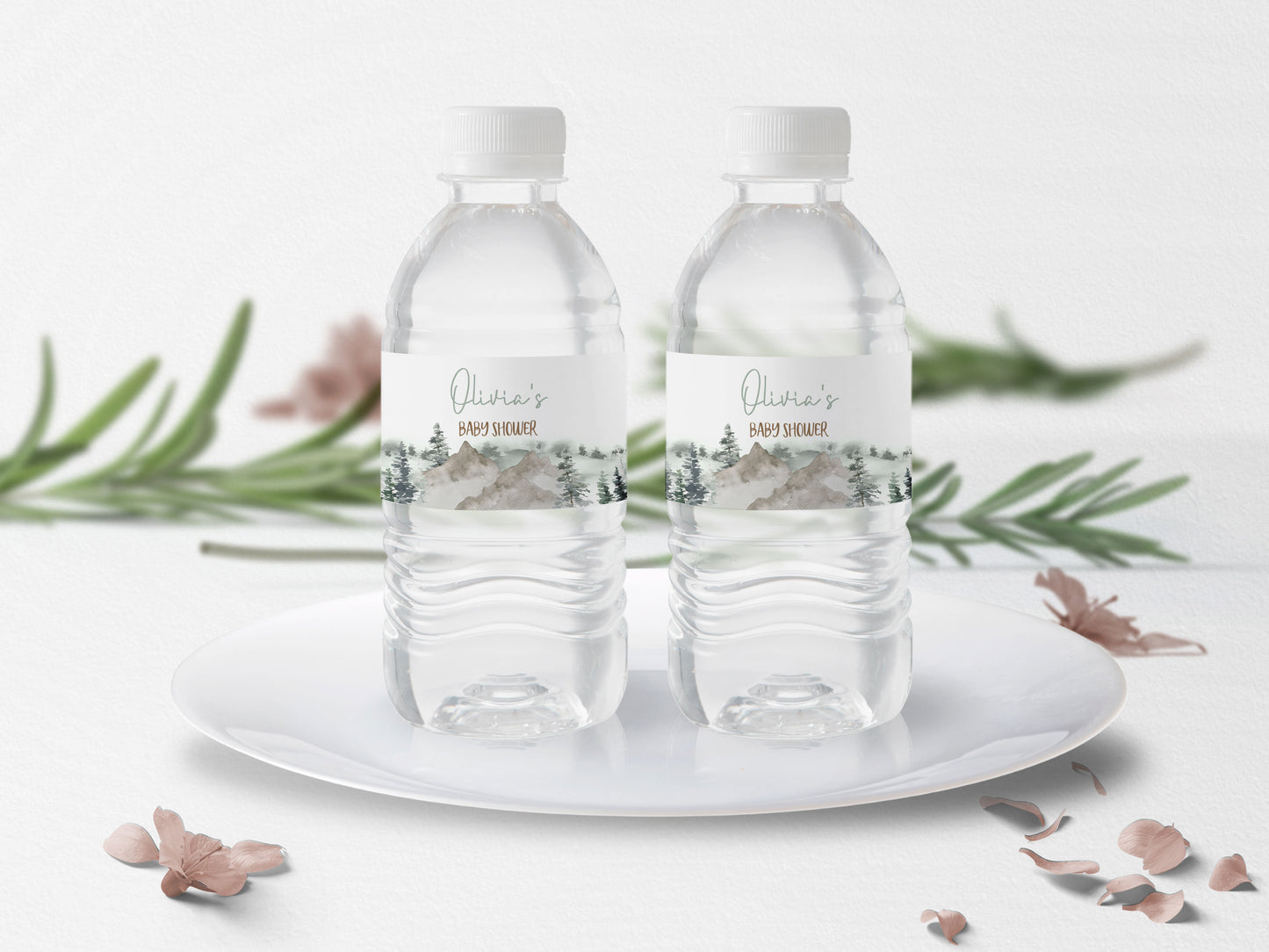 Editable Mountains Water Bottle Labels | Woodland Baby Shower Decorations - 47H