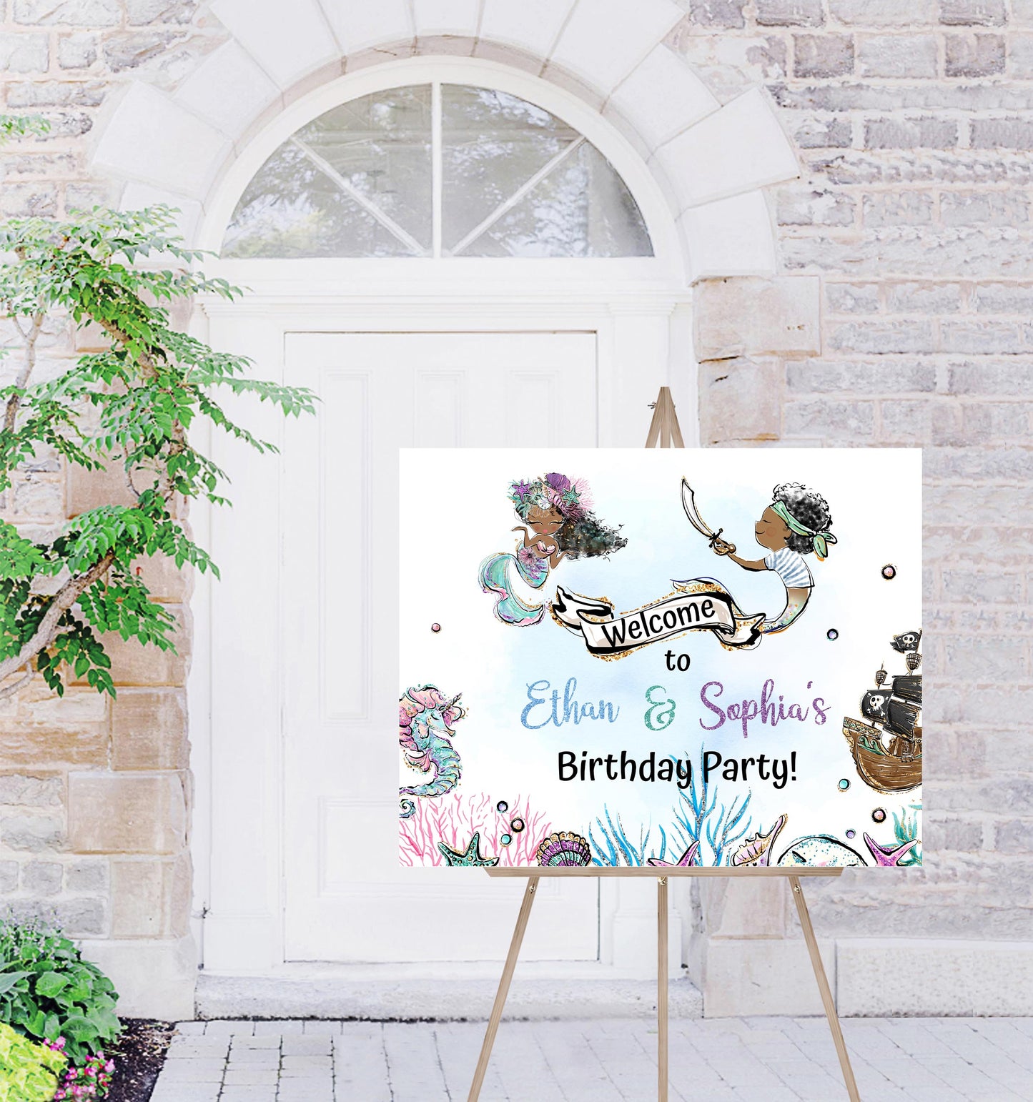 Editable Pirate and Mermaid Birthday Welcome Sign - 20A1