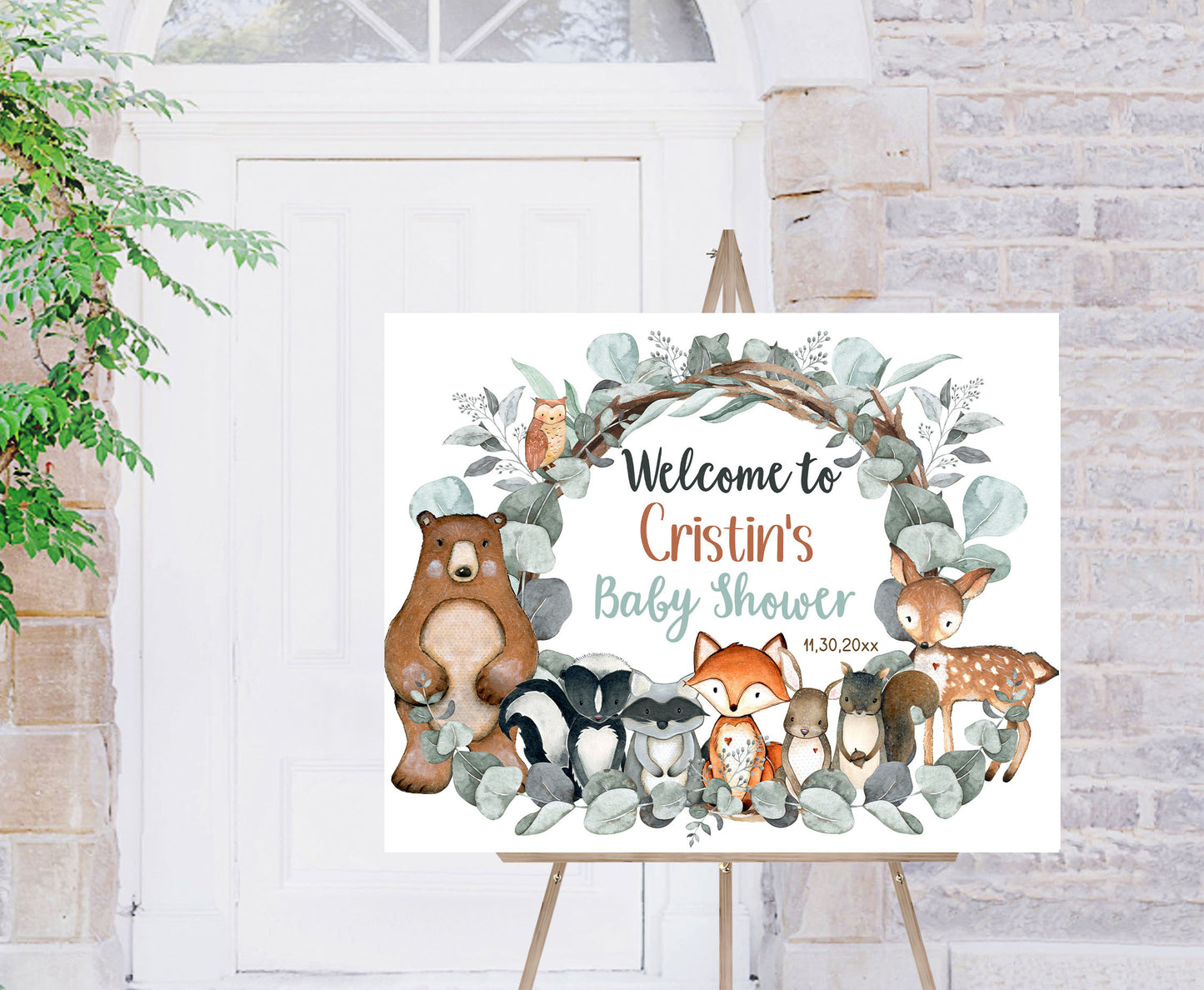 Editable Woodland Greenery Welcome Sign | Woodland Baby shower decorations - 47J1