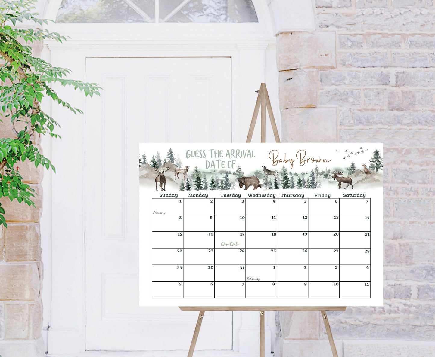 Forest Due Date Calendar | Editable Woodland Baby Shower Game - 47H