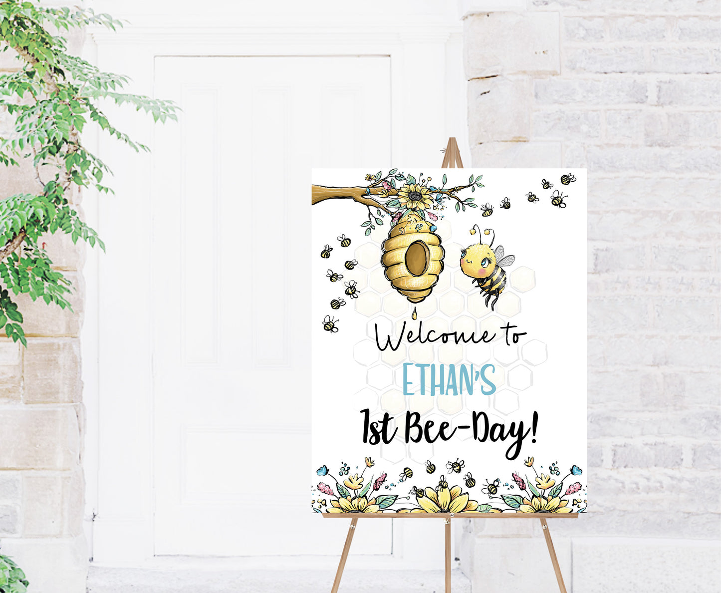 1st Bee Day Welcome Sign | Bumble Bee Birthday Party Printables - 61A