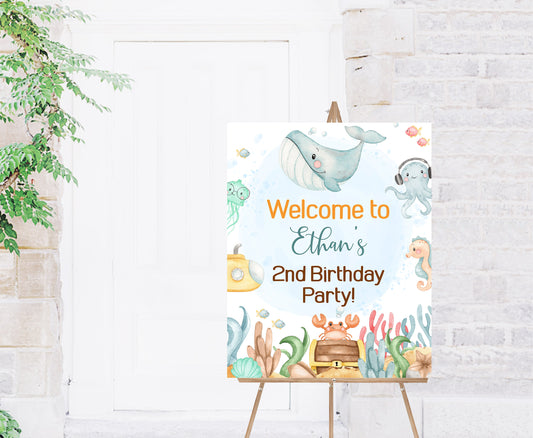 Editable Boy Under the Sea welcome Sign | Ocean Birthday party Decorations - 44A