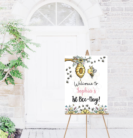 Editable Bee First Birthday Welcome Sign | Bumble Bee theme party decorations - 61A