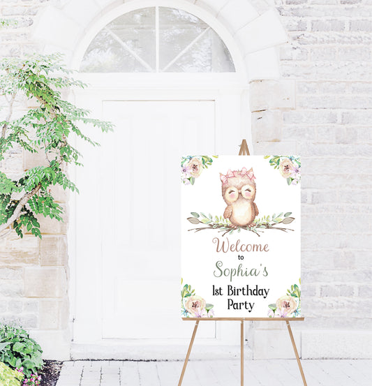 Editable Owl 1st Birthday Welcome Sign | Owl theme Party decorations - 78A