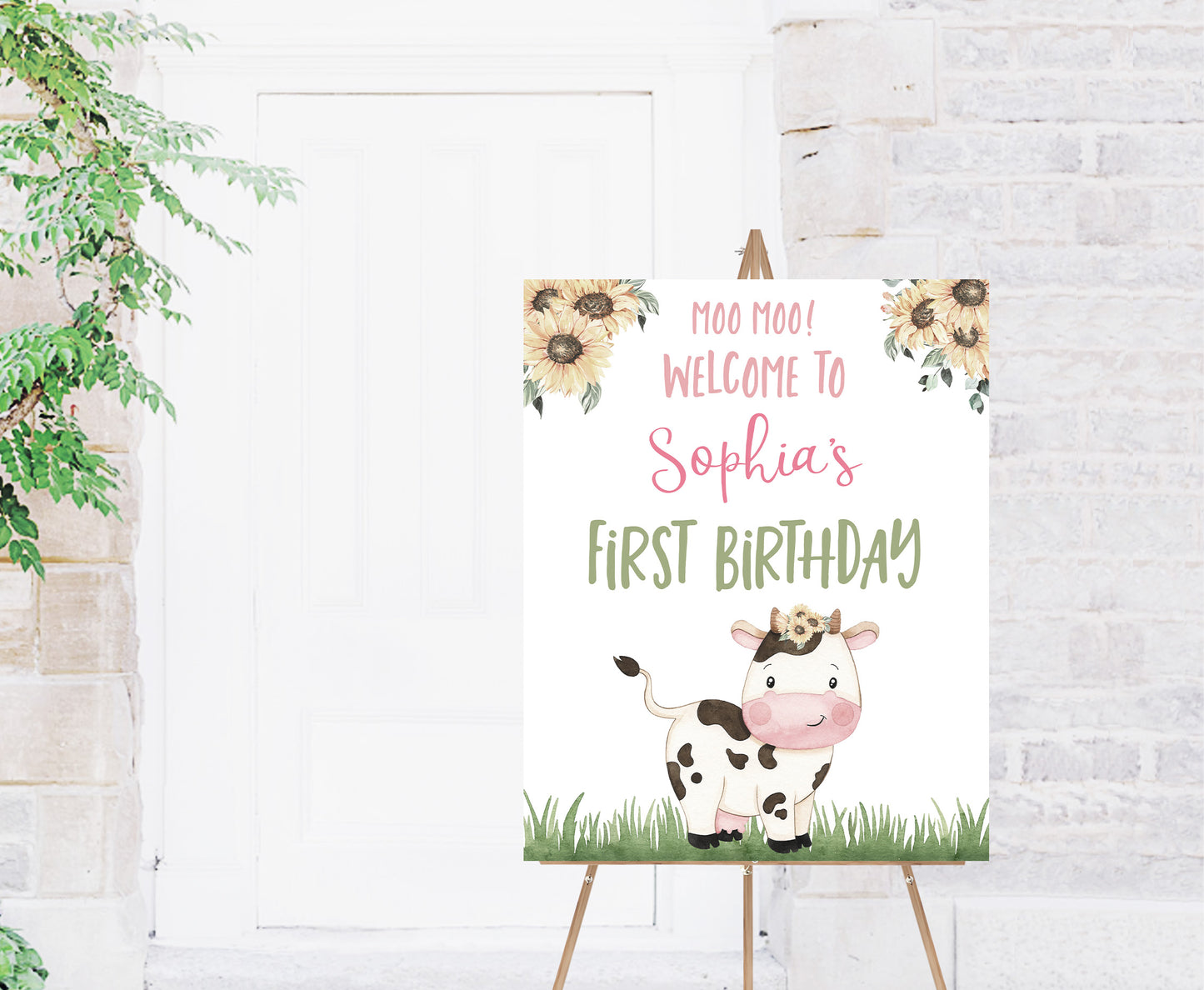 Sunflowers Cow Welcome Sign | Farm Birthday Party Decoration - 11G