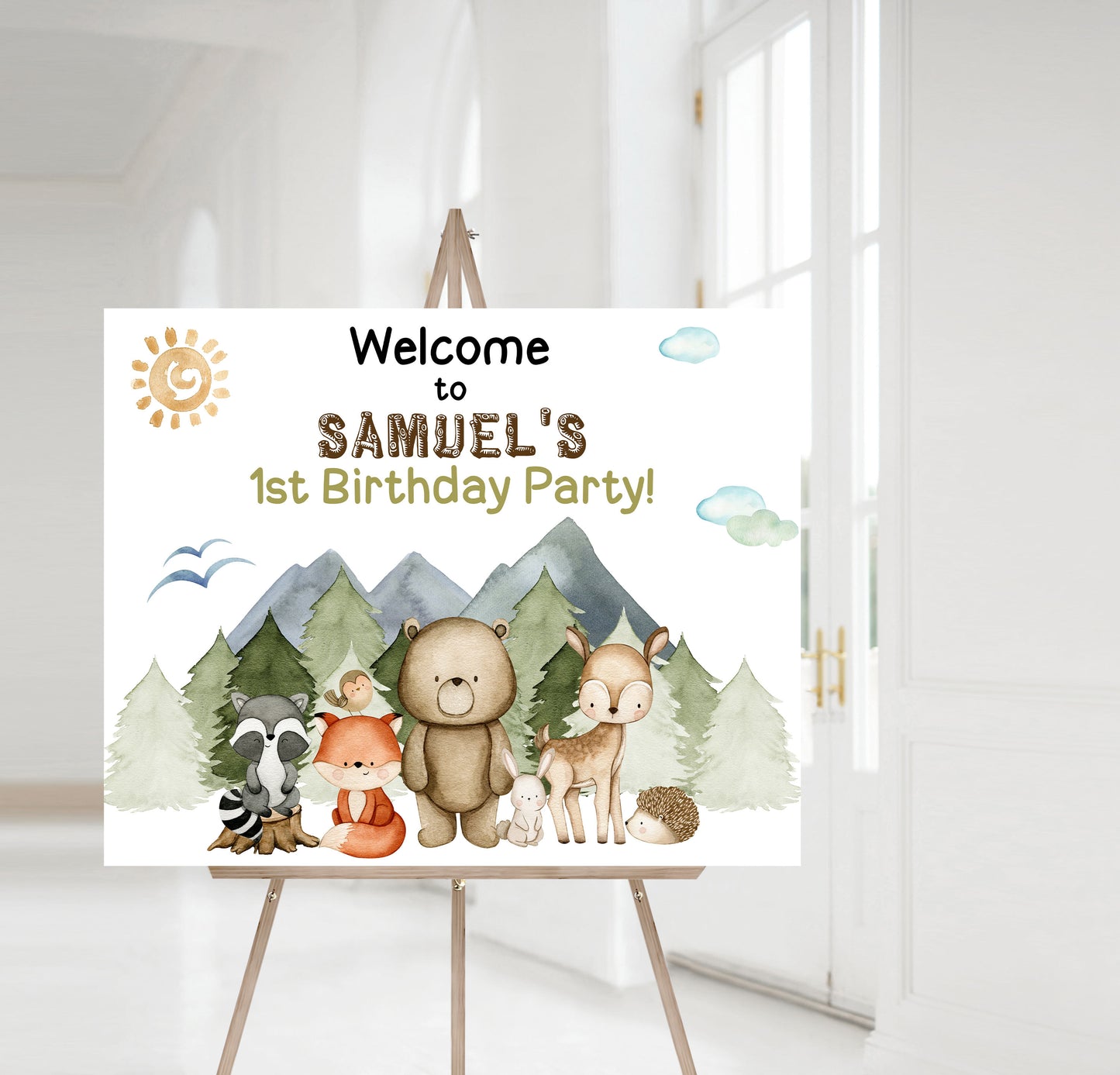 EDITABLE Woodland Welcome Sign | Forest Animals 1st Birthday Party Sign - 47I