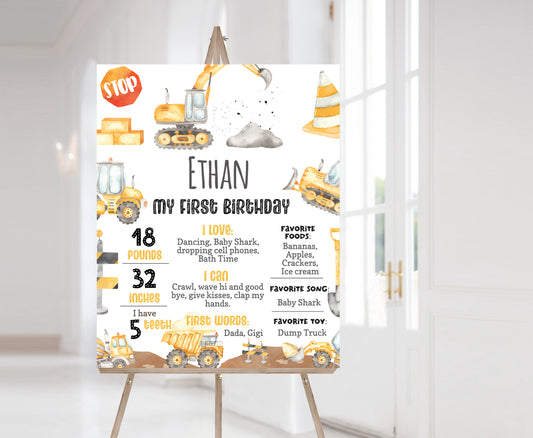 Editable Construction Milestone Poster | Dump Truck 1st Birthday Decorations - 07A