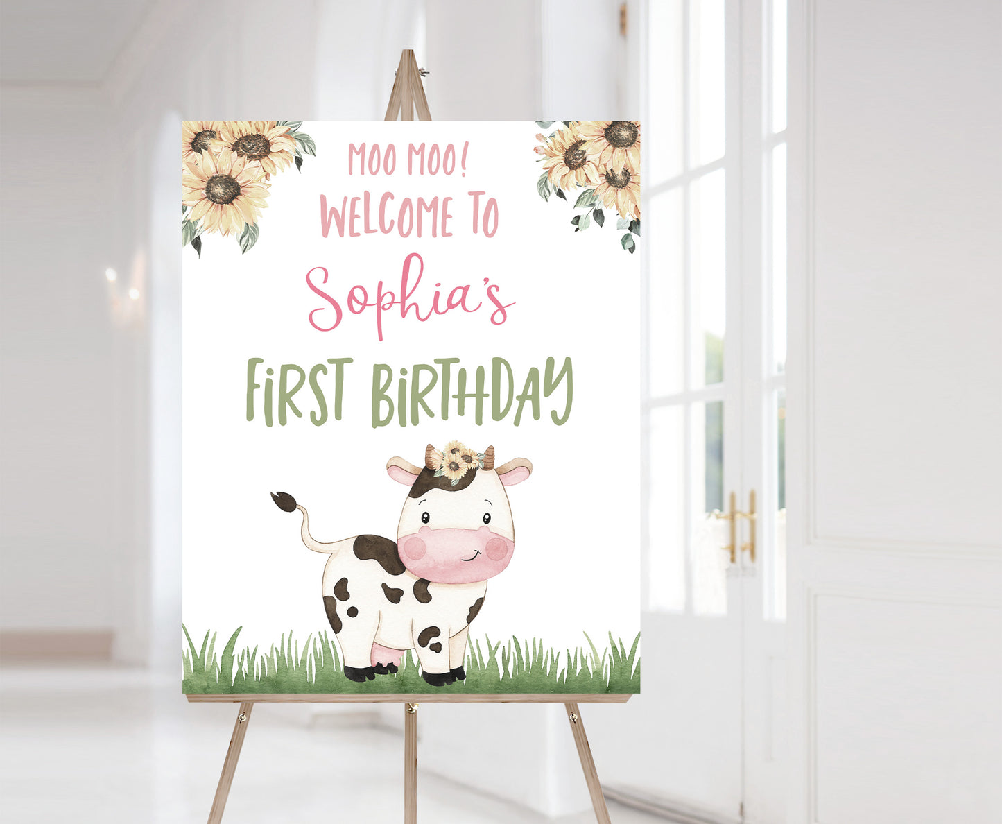 Sunflowers Cow Welcome Sign | Farm Birthday Party Decoration - 11G