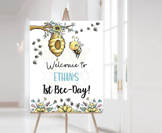 1st Bee Day Welcome Sign | Bumble Bee Birthday Party Printables - 61A