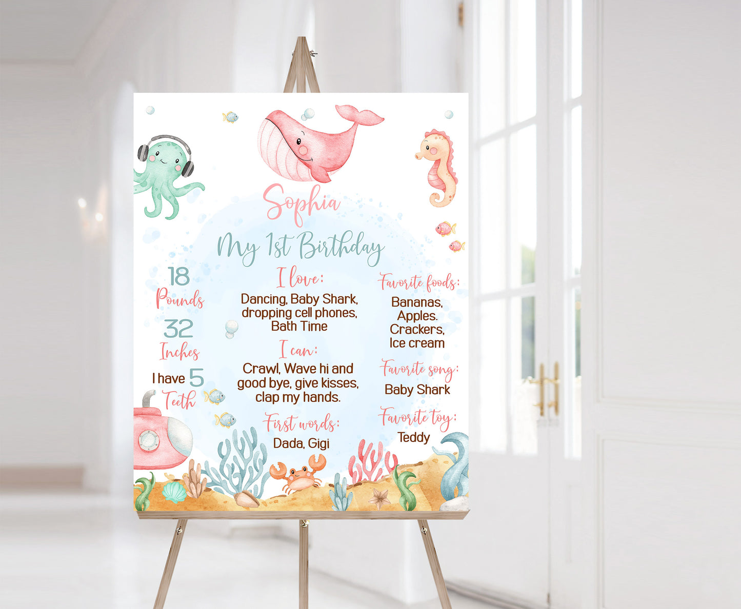 Editable Girl Under The Sea Milestone Poster | Ocean 1st Birthday Party Decorations - 44A