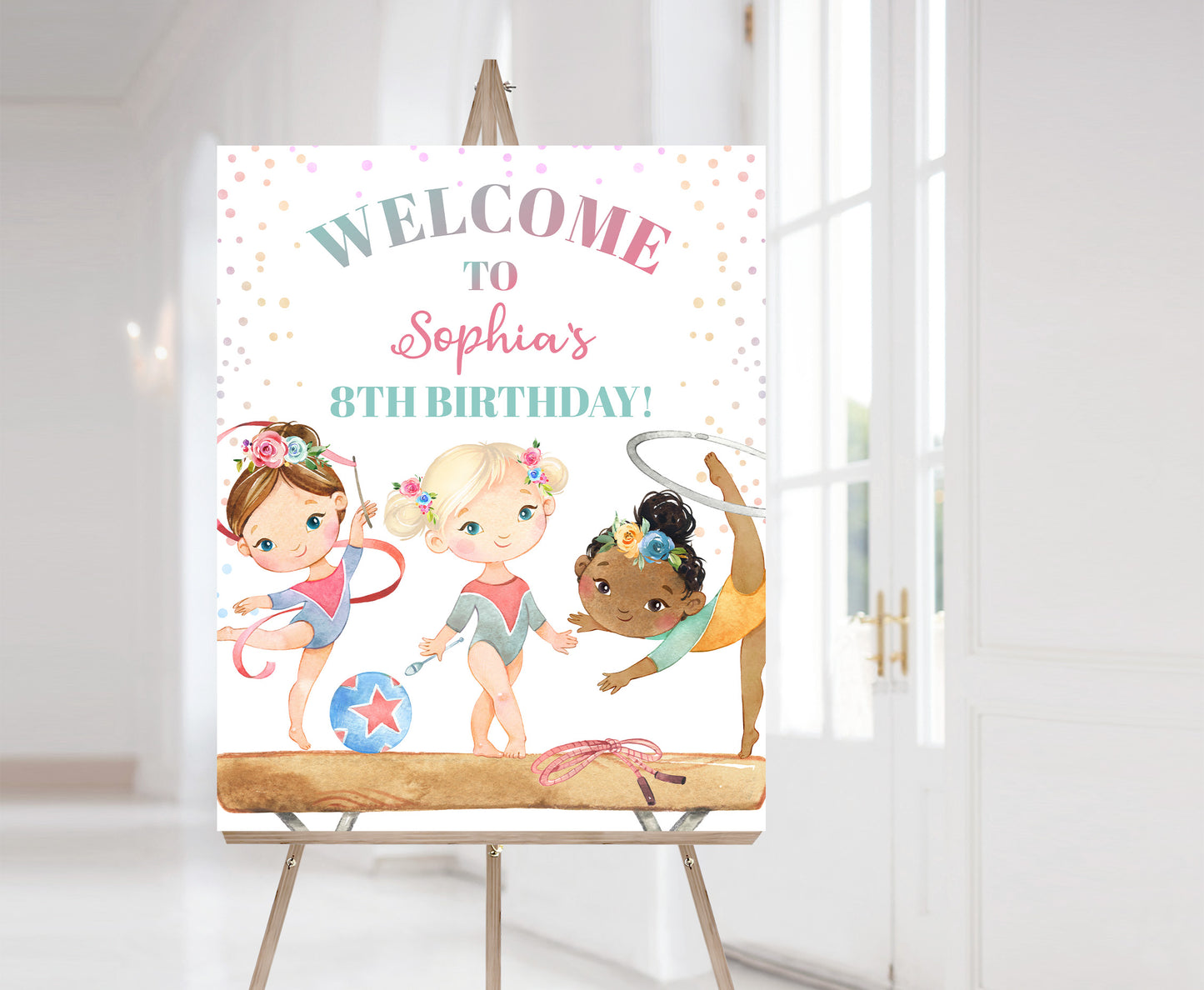 Editable Floral Gymnastic Welcome Sign | Gymnastic birthday  party decorations - 99A