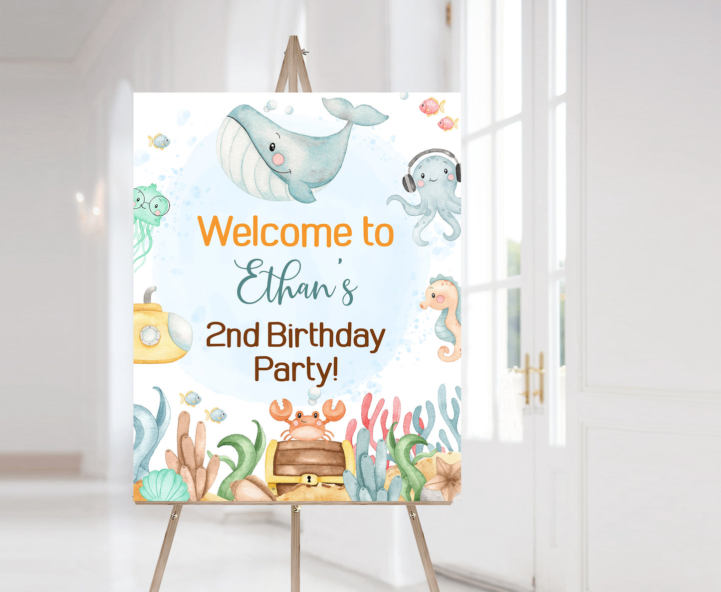 Editable Boy Under the Sea welcome Sign | Ocean Birthday party Decorations - 44A