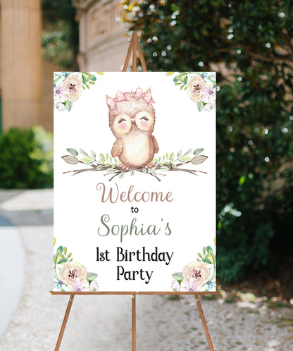 Editable Owl 1st Birthday Welcome Sign | Owl theme Party decorations - 78A