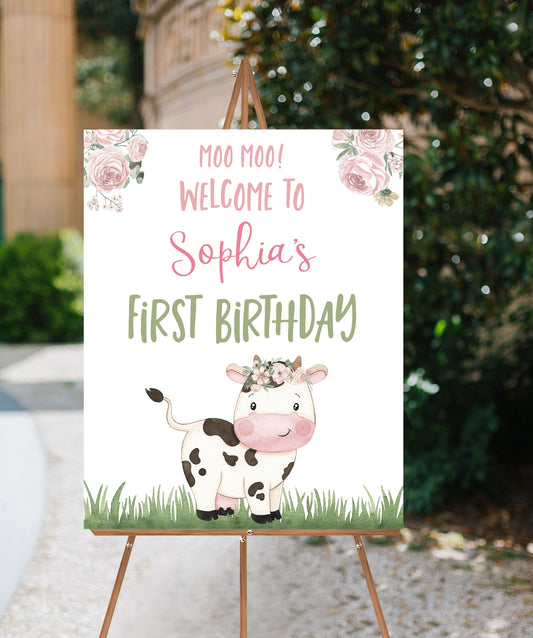 Girl Cow Welcome Sign | Floral Farm Birthday Party Decoration - 11A