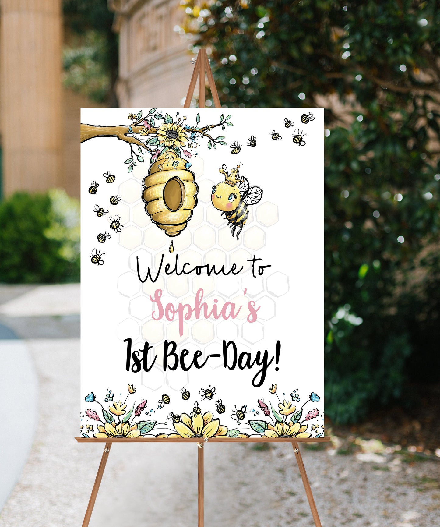 Editable Bee First Birthday Welcome Sign | Bumble Bee theme party decorations - 61A