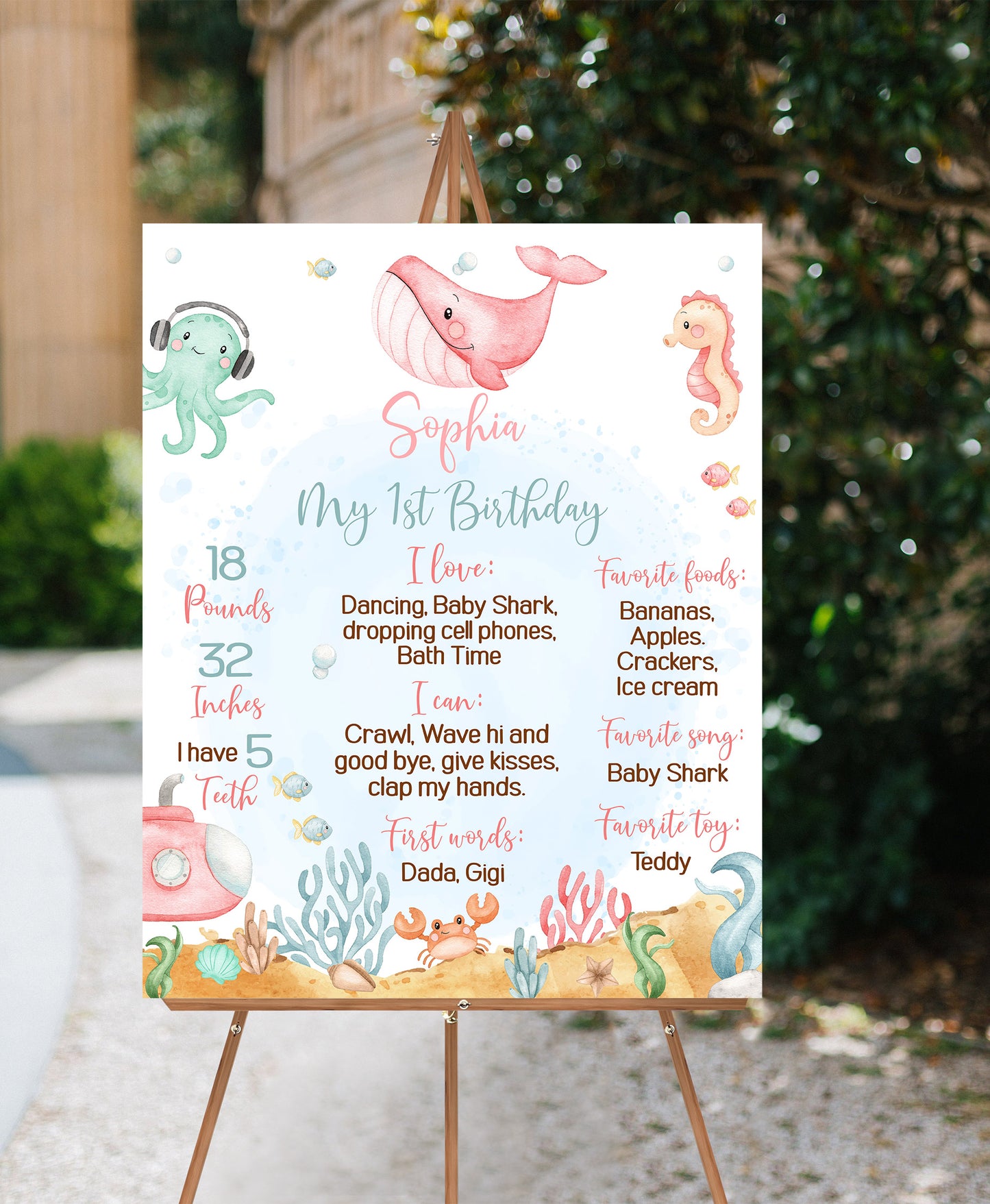 Editable Girl Under The Sea Milestone Poster | Ocean 1st Birthday Party Decorations - 44A