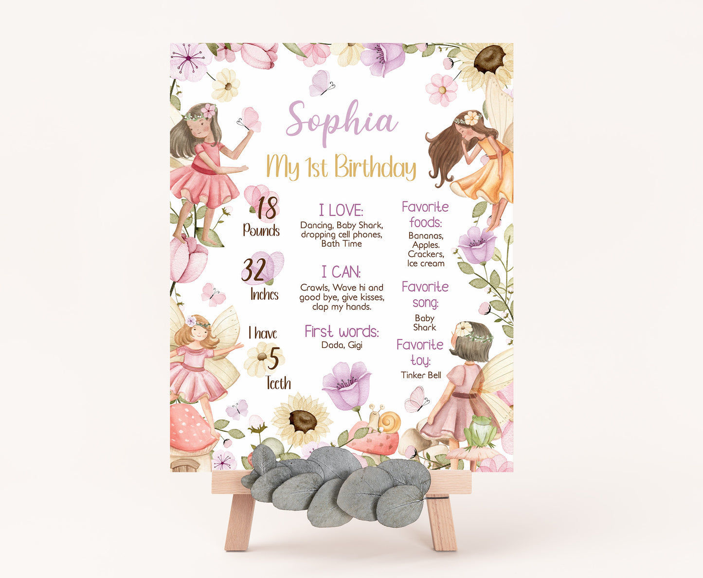 Fairy Milestone Poster | Fairy Garden 1st Birthday Decorations - 10A