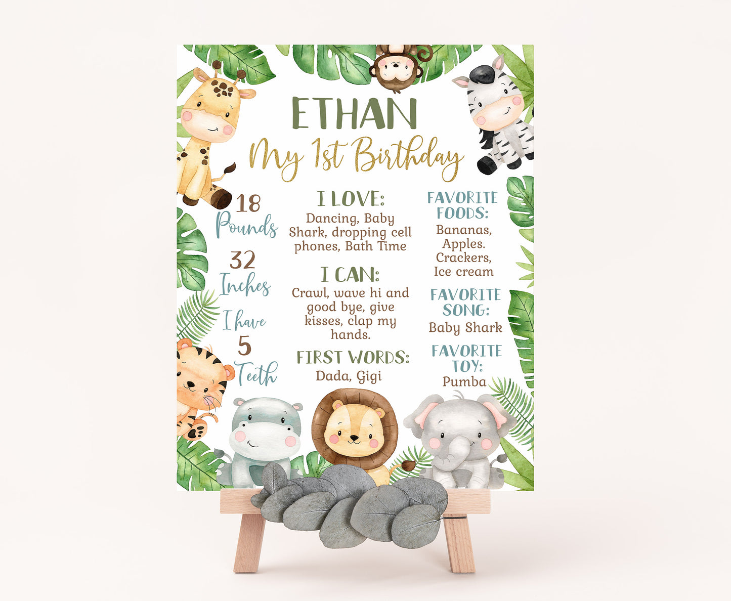 Editable Safari Milestone Poster | Jungle 1st Birthday Decorations - 35E