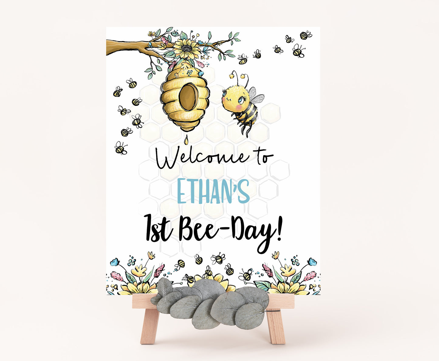 1st Bee Day Welcome Sign | Bumble Bee Birthday Party Printables - 61A