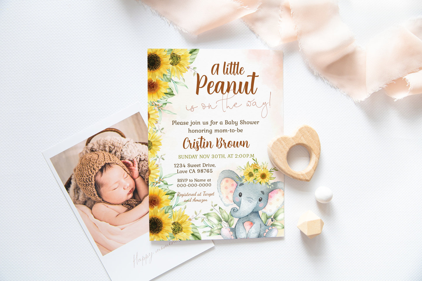 Sunflower Elephant Baby Shower Invitation | Floral Girl Baby Shower Invite - 63B