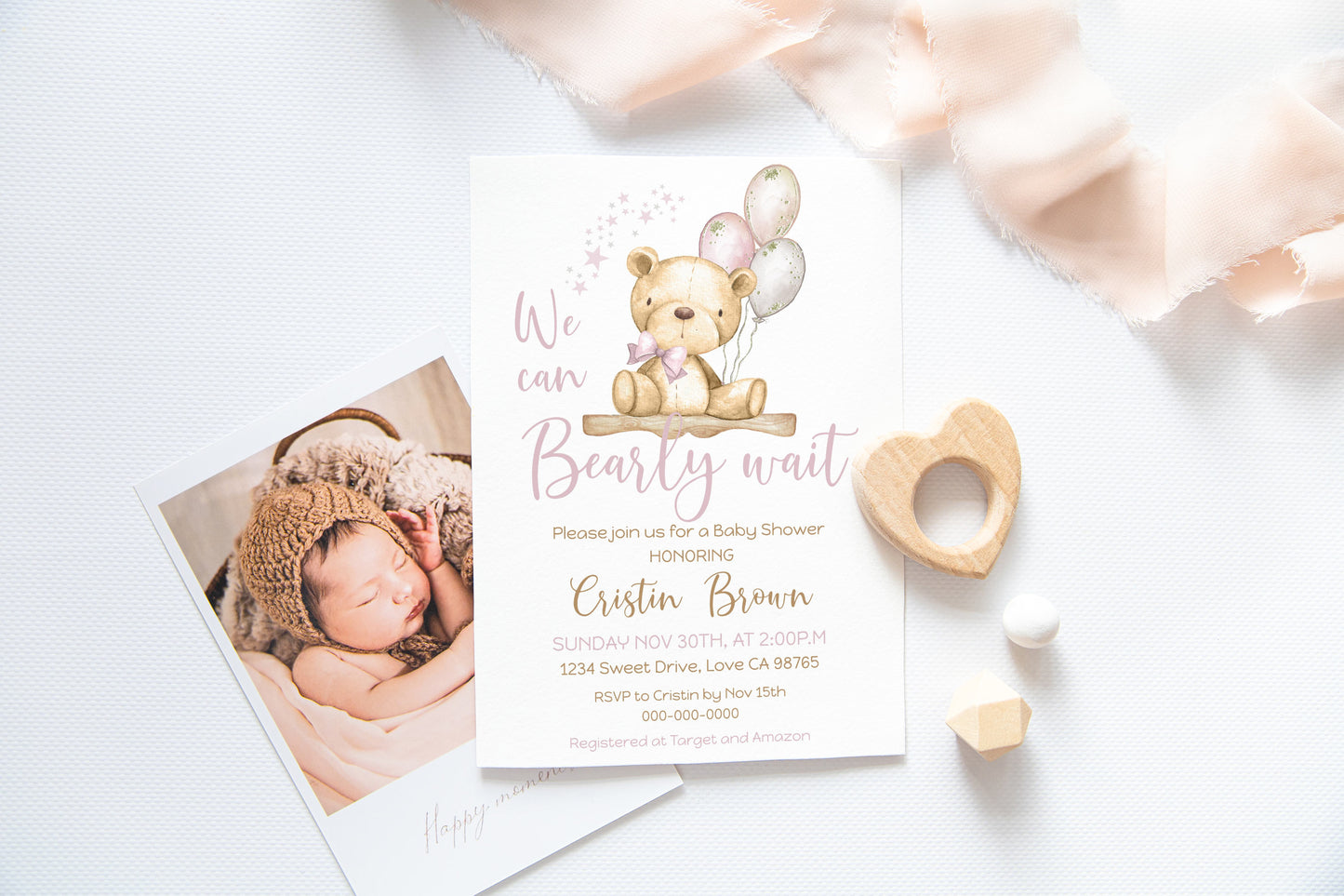 Pink Teddy Bear baby shower invitation | Editable Girl Baby Shower Invite - 76A