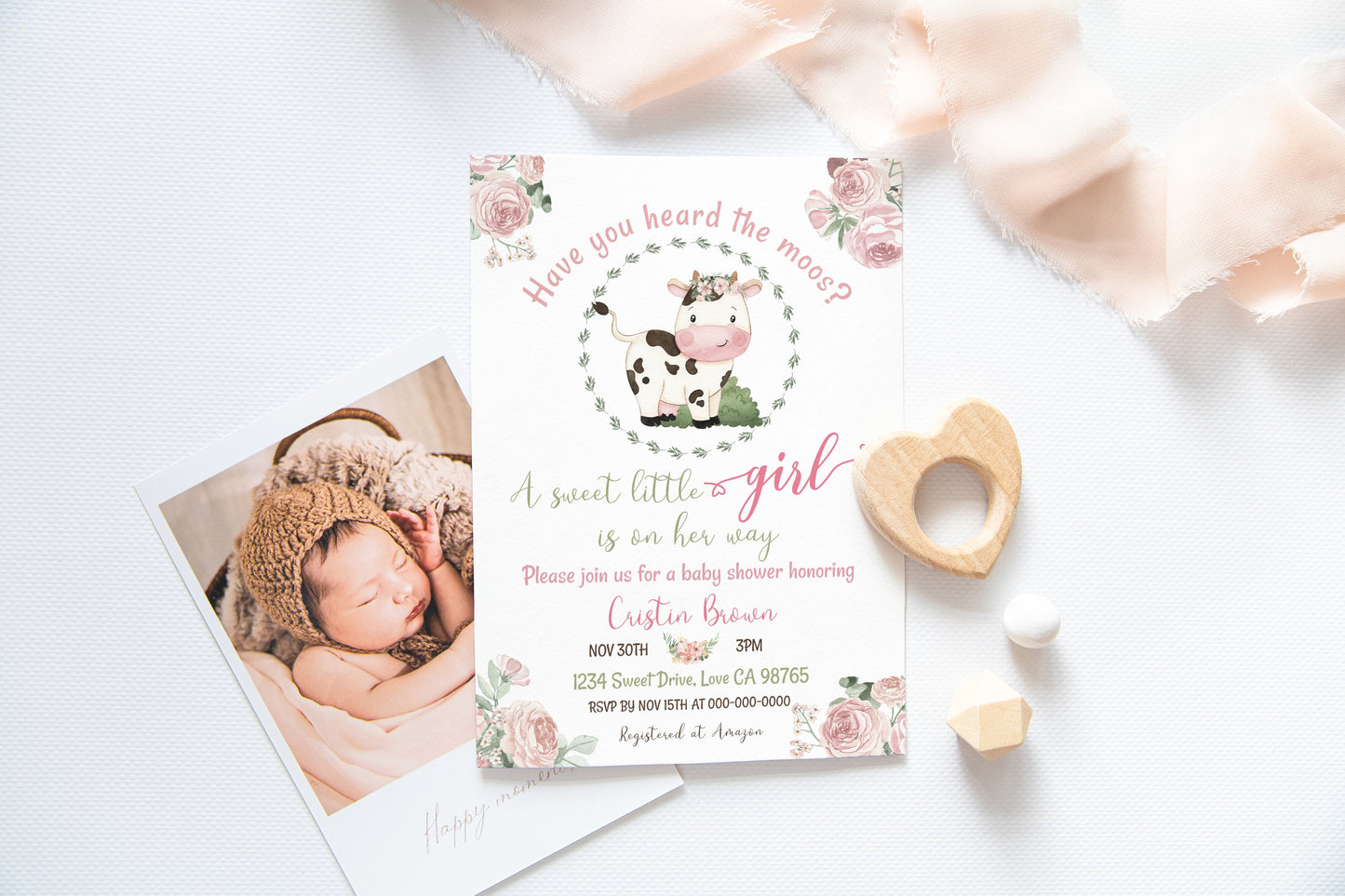 Floral Cow Baby Shower Invitation | Farm Girl Shower Invite - 11A