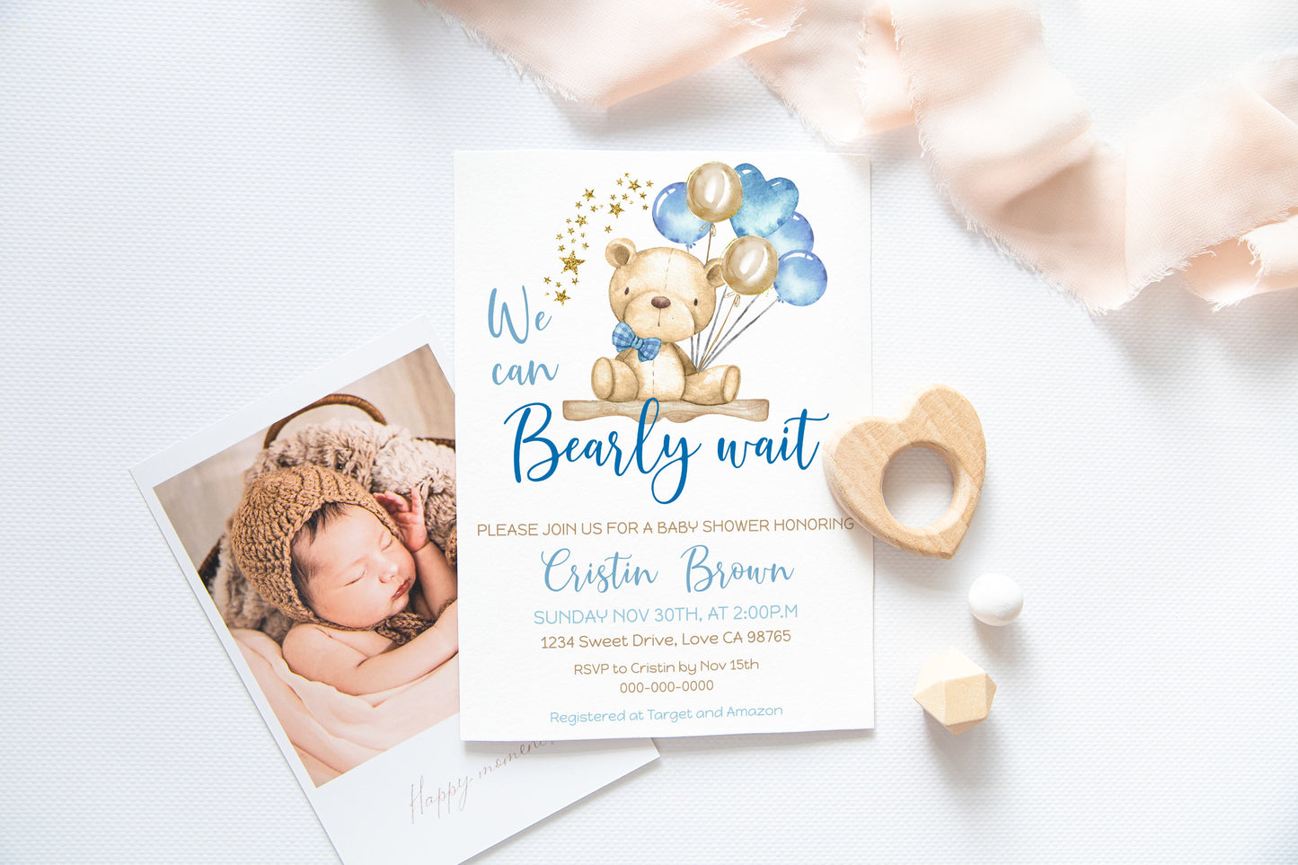 Gold and Blue Teddy Bear Baby Shower Invitation - 76A