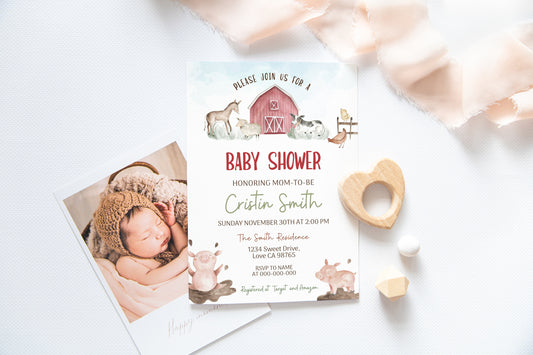 Farm Baby Shower Invitation | Editable Boy Barnyard Baby Shower Invite - 11B